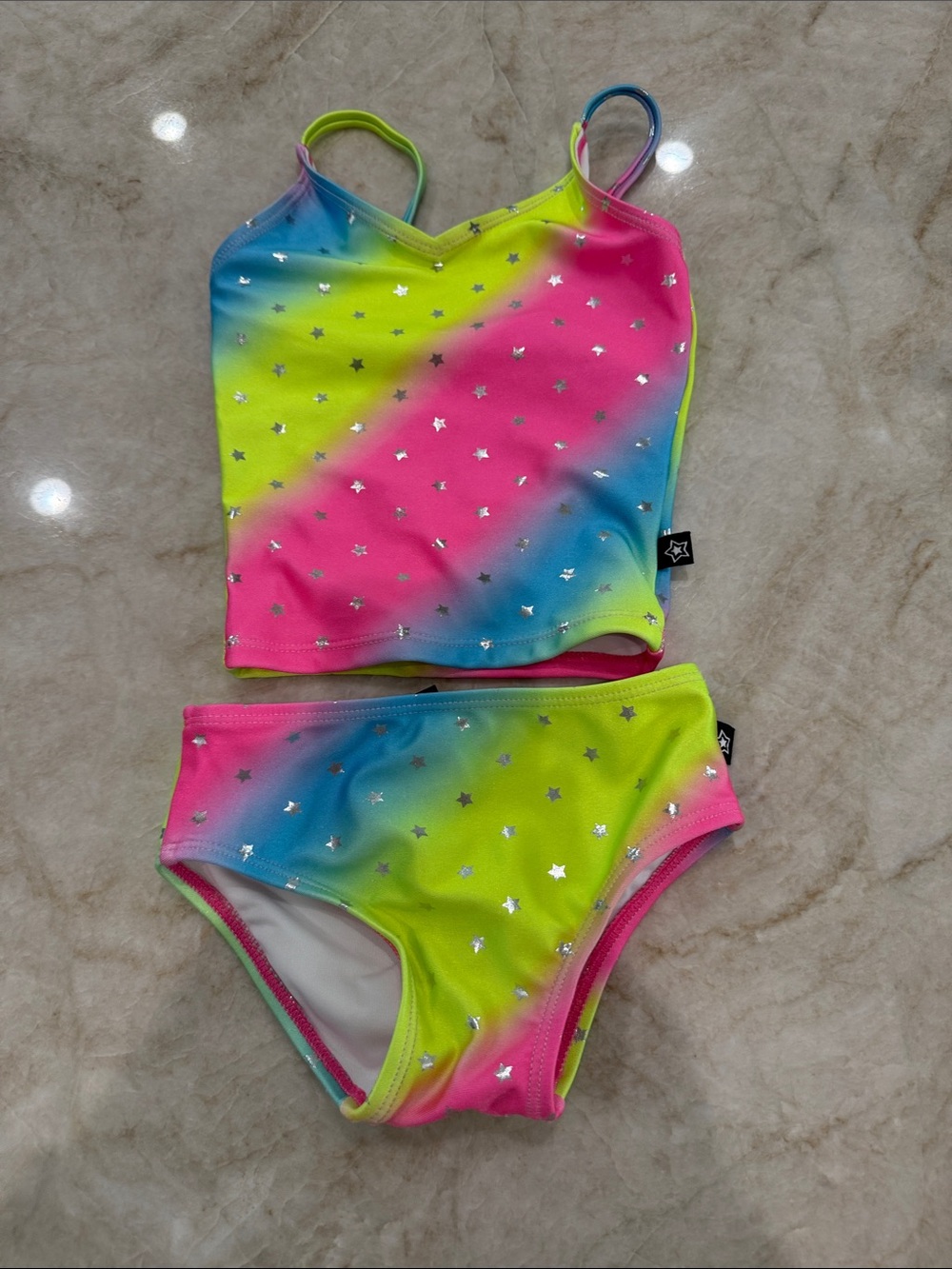 Kids Neon Rainbow Star Tankini - Bright Pink, Yellow & Blue - 3t